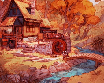 Affiche Paysage d'Automne Fantaisie – Décoration Murale Salon, Tableau Moulin Au Bord d'un Ruisseau, Décoration Intérieure Automne Apaisante