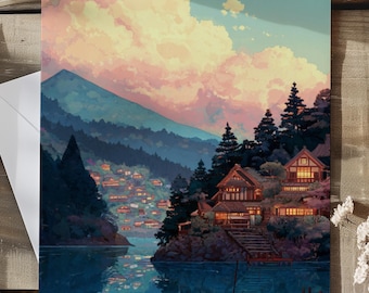 Affiche d'un village sur une île fantastique – Décoration murale pour le salon, paysage féerique et chaleureux, village paisible au bord d'un lac