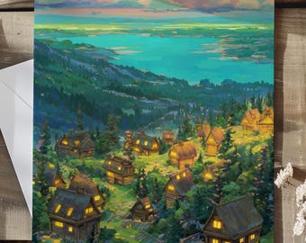 Affiche Village Fantastique – Décoration Murale Salon, Paysage Fantastique et Cosmique, Image d'un Village Tranquille au Bord d'un Lac