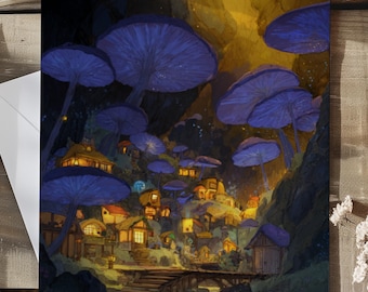 Affiche « Ville Champignon Fantastique » – Décoration Murale Salon, Paysage de Champignons Magiques, Village Fantastique et Confortable en Forêt