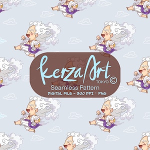 May include: Seamless pattern featuring a cartoon character with white hair and a purple outfit, floating among clouds on a light blue background. The pattern includes the text "kerzaArt TOKYO" and "Seamless Pattern DIGITAL FILE - 300 DPI • PNG".