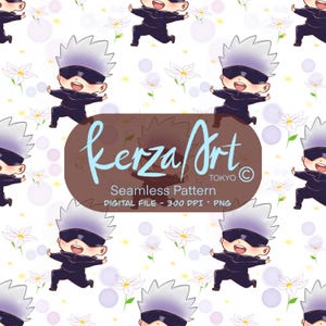 May include: Seamless pattern featuring cartoon characters with white hair and black blindfolds, in a running pose. The design includes white flowers, purple circles, and the text "kerza Art TOKYO". Digital file, 300 DPI, PNG.