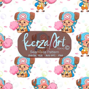 May include: Seamless pattern featuring a cartoon character with a blue hat and pink cotton candy. The design includes the text "kerzaArt TOKYO" and is labeled as a digital file.