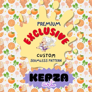May include: A seamless pattern featuring orange slices, green bows, lollipops, and fish-shaped ice cream cones. A central yellow splash shape contains the text PREMIUM EXCLUSIVE CUSTOM SEAMLESS PATTERN and a cartoon character. KERZA art is at the bottom.