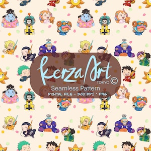 May include: Seamless pattern featuring cartoon characters in various outfits, including a robot, a sun, and other figures. The pattern is set against a light beige background with small floral and star accents. The text "kerza Art TOKYO" is in the center.