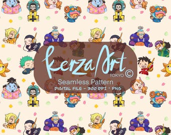 One Piece Characters Seamless Pattern, Anime Fan Art Digital Download