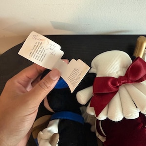 May include: Two plush dolls, one in a black outfit with a blue collar and white gloves, and the other in a red and white outfit. Both dolls have tags attached. The tag on the left reads "Care: Toy may be surface cleaned with warm water and mild soap."