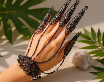 Gothic Finger Bracelet | Slave Bracelet Hand Chain | Punk Claw Nail Rings | Steampunk Filigree Statement Jewelry for Women | Festival Rave |