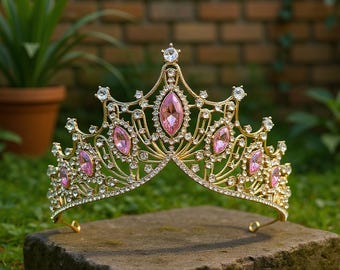 Corona di strass in oro rosa / Tiara da sposa per matrimonio / Fascia per capelli da regina per ballo di fine anno / Accessorio per capelli da principessa