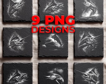 Blue Marlin Laser Engraving PNG for Slate — 9 Deep Sea Fishing Coaster and Gift Designs