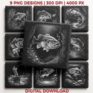 Bass Fishing PNG Engraving Designs for Slate Coaster: Glowforge&XTool Laser Files, Commercial Use
