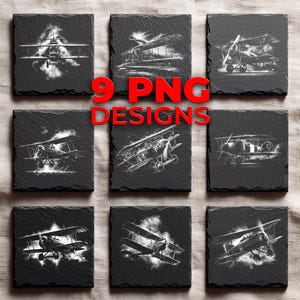WWI Doppeldecker Laser Gravurdateien - 9 Vintage Flugzeuge PNG Designs für Schiefer Untersetzer & Wandkunst