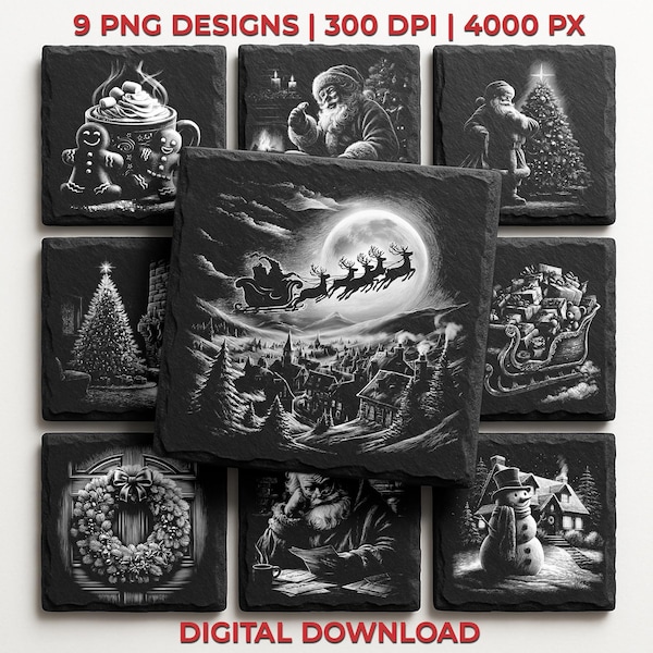 Diseños navideños para grabado láser: posavasos y azulejos de pizarra (descarga digital PNG, uso comercial)