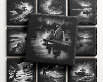 Fishing Engraving Designs for Slate Coaster: PNG Laser Files for Glowforge&XTool, Commercial Use