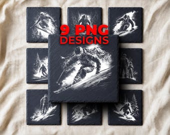 Ski Laser Engraving PNG for Slate — 9 Winter Adventure Coaster Designs for Holiday Gifts