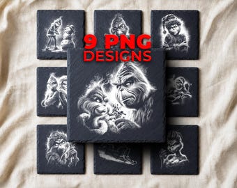 Miss Grinch Christmas Laser PNG — 9 Slate Engraving Designs for Funny Holiday Coaster Gifts