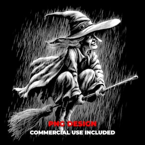 May include: Black and white illustration of a witch riding a broomstick in the rain. The witch wears a pointed hat and cloak. The image includes the text "PNG DESIGN" and "COMMERCIAL USE INCLUDED".