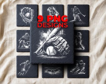 Baseball Laser Engraving PNG Designs for Slate — Stadium, Pitcher, Batter, and Youth Player Coasters