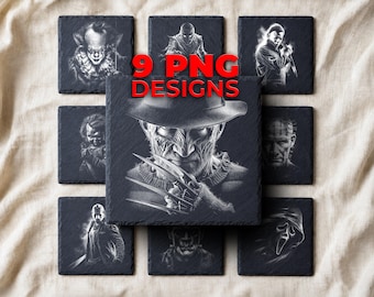 Horror Movie Villains Laser Engraving PNG for Slate — 9 Scary Halloween Coaster & Fan Gift Designs
