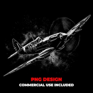 以下が含まれることがあります： 白黒のイラストで、飛行中のヴィンテージ飛行機を描いています。画像は、ぼやけたプロペラを備えた航空機の詳細な描写を、暗い背景に対して示しています。下部のテキストは「PNG DESIGN COMMERCIAL USE INCLUDED」と書かれています。