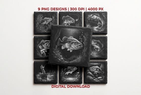 Bass Fishing PNG Engraving Designs for Slate Coaster: Glowforge&XTool Laser Files, Commercial Use