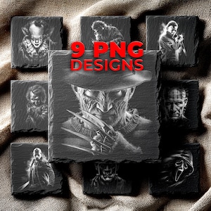 Può includere: Nove design PNG in bianco e nero con personaggi di film horror, tra cui Freddy Krueger e Pennywise. I design sono visualizzati su sottobicchieri quadrati e strutturati, con il testo "9 PNG DESIGNS" in rosso.