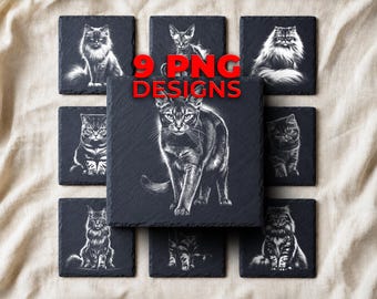 9 Cat Breed Portraits — Slate Laser Engraving PNG for Cat Lovers and Pet Decor