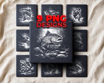 Salmon Laser Engraving PNG for Slate — 9 Fishing Coaster Designs with Bear and River Scenes