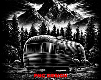 Vintage Silver Camper Trailer and Flamingo PNG Laser Engraving Design for RV Owner Gifts
