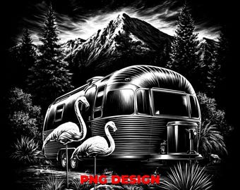 Mountain Camping Flamingo Retro Trailer PNG for Laser Engraving Outdoor Decor and Wall Art