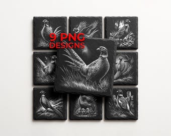 Pheasant Laser Engraving Files: Slate Coaster Upland Bird Hunting PNG Designs (Glowforge&XTool) Commercial