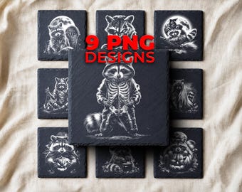 9 Halloween Raccoon PNG Designs for Slate Laser Engraving — Spooky Coasters & Gothic Seasonal Gifts