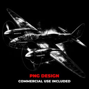 以下が含まれることがあります： プロペラを備えた、ヴィンテージの双発エンジンの航空機の白黒イラスト。画像には詳細なシェーディングとハイライトがあり、赤と白で「PNG DESIGN COMMERCIAL USE INCLUDED」というテキストが表示されています。