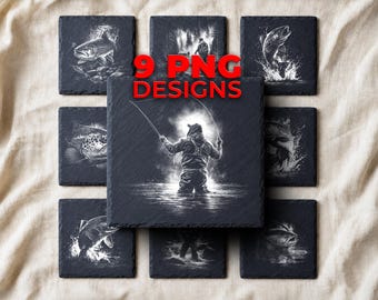 Fly Fishing Laser Engraving PNG for Slate Coasters — Trout and River Angler Gift Designs