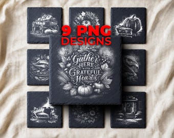 Thanksgiving Harvest Laser Engraving PNG for Slate — 9 Autumn Coaster Designs and Seasonal Table Gifts