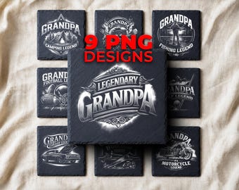 Grandpa Legend Laser Engraving PNG for Slate — Grandfather Birthday & National Grandparents Day Gift Coasters