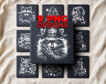 Horror Movie Raccoon PNG — 9 Slate Laser Engraving Designs for Halloween Villain Coaster Gifts
