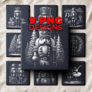 May include: A collection of nine square black slate coasters featuring white engraved nutcracker illustrations and holiday scenes. The central coaster displays a nutcracker in a forest, with the red text 9 PNG DESIGNS overlaid on the center of the image.