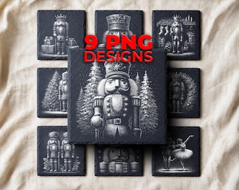 Nutcracker Christmas Laser Engraving PNG for Slate — 9 Coaster Designs with Ballerina and Wreath Scenes