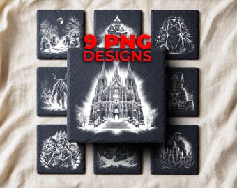 Gothic Christmas Laser Engraving PNG for Slate — 9 Dark Winter Coaster and Alt Holiday Designs