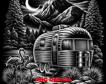 Retro Camper and Flamingo Mountain Night PNG for Laser Engraving Camping Gifts and Tumblers