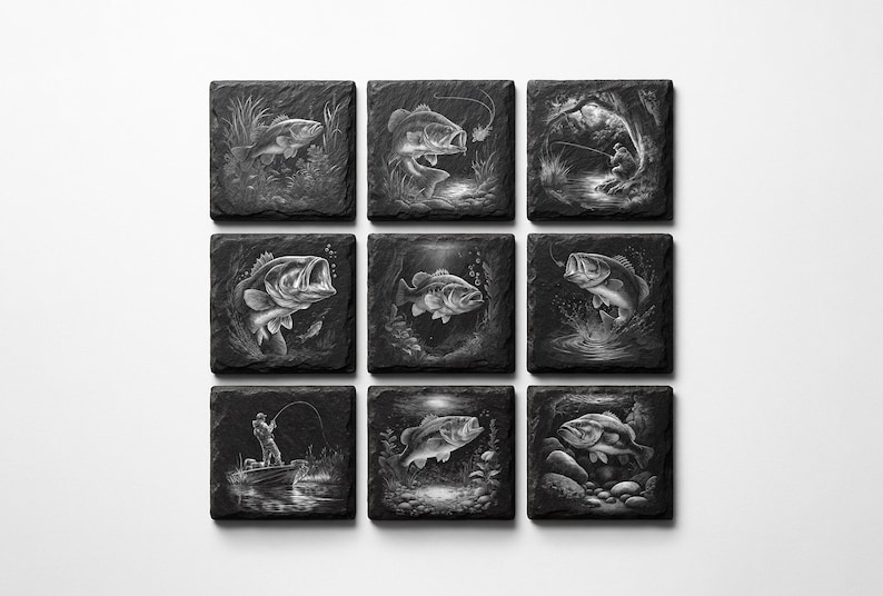 Bass Fishing PNG Engraving Designs for Slate Coaster: Glowforge&XTool Laser Files, Commercial Use