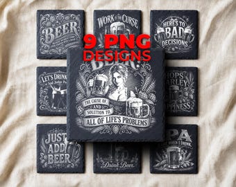 Funny Beer Quotes PNG — 9 Slate Laser Engraving Designs for Bar Humor and Pub Coasters
