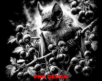 Bat in Blackthorn Berries Dark Botanical PNG Laser Engraving Design for Slate and Wood