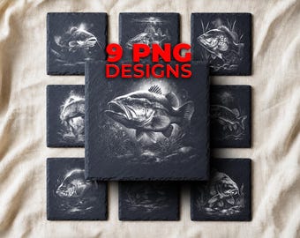Freshwater Fish PNG for Slate Laser Engraving — 9 Species Designs for Fishing Coasters and Gifts