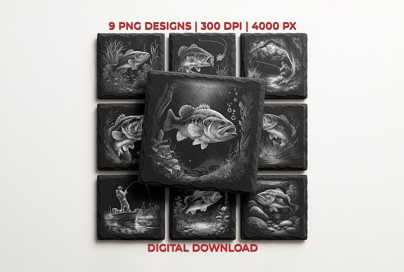 Bass Fishing PNG Engraving Designs for Slate Coaster: Glowforge&XTool Laser Files, Commercial Use