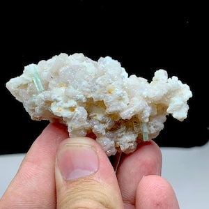 May include: A cluster of light-colored crystals with a rough, textured surface. Embedded within the cluster are several small, pale blue-green crystal formations. The background is a solid black.