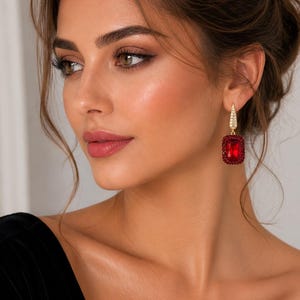 Ruby Red Zircon Drop Earrings in Yellow. Medical Gold | Statement Dangle Earrings | Vintage Zircon Jewelry