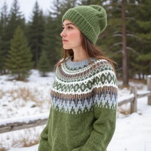 May include: A green knitted beanie and sweater with a fair isle pattern. The sweater has a round neckline and a pattern of white, brown, and blue geometric shapes. The beanie and sweater are a matching shade of green.