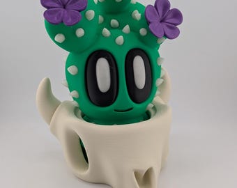 Expressive Flower Cactus Skull Pot Set - 3D Printed Purple Bloom Desk Pet